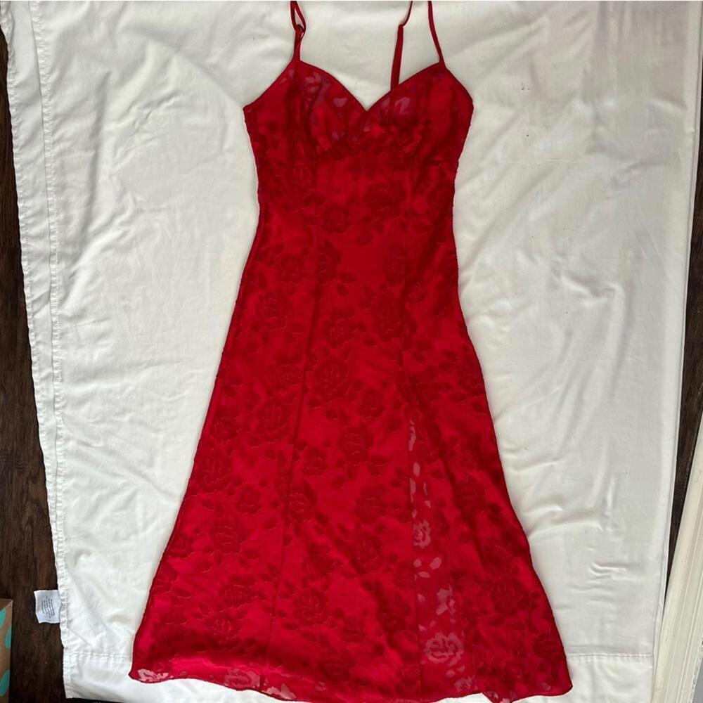Vintage Victorias Secred Red Satin Lace Burnout Floral Rose Slit Slip Dress